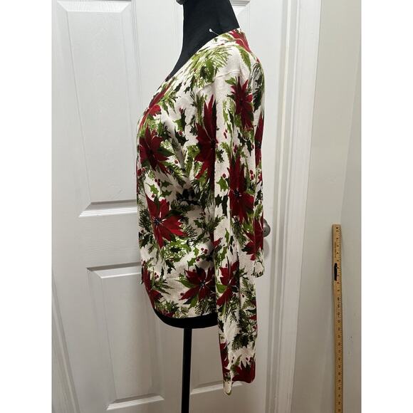 Vintage Talbots Poinsettias Knit Cardigan Sweater White Medium - Picture 4 of 12